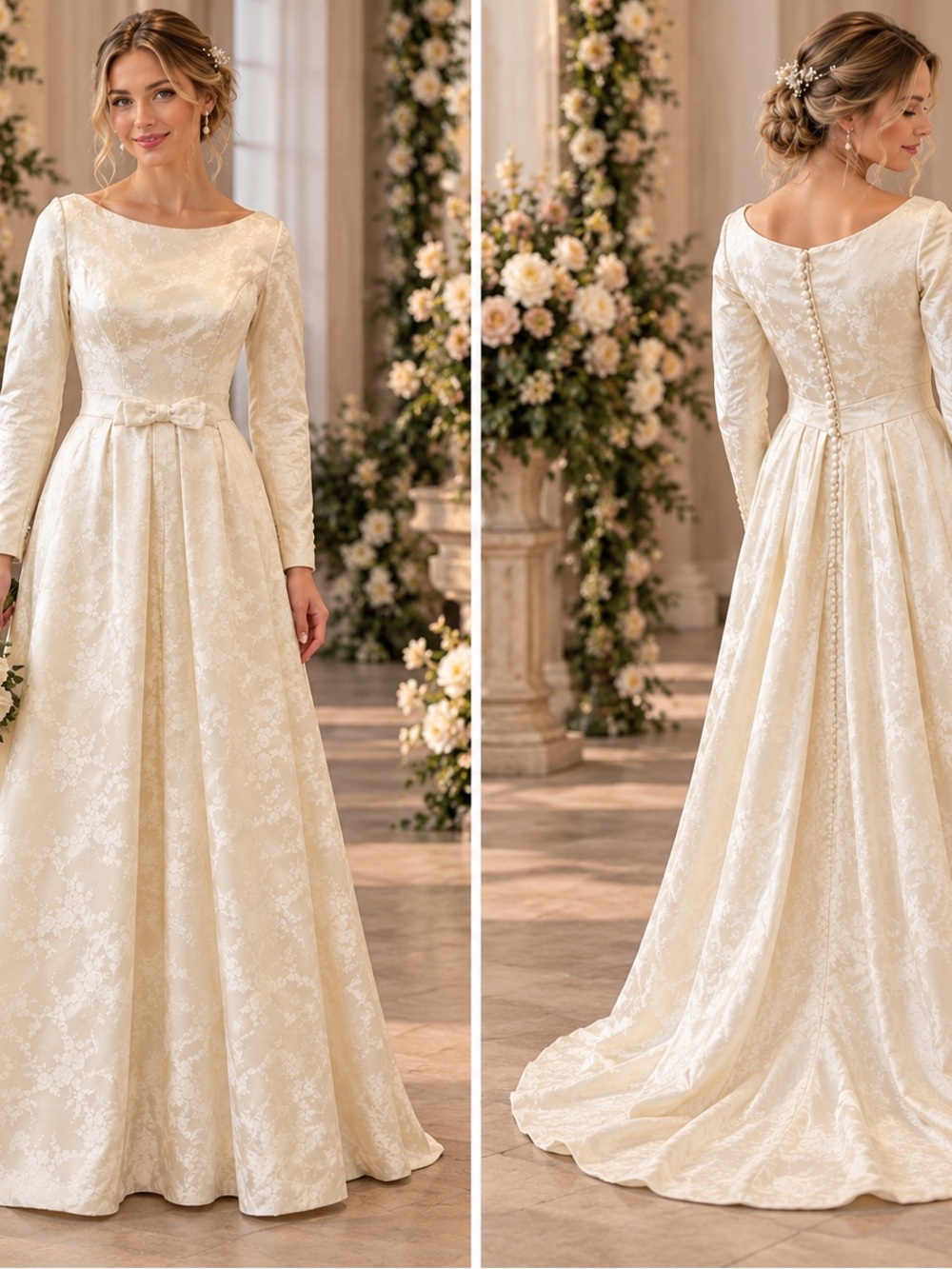 Vintage 1979 Ivory Long-Sleeve Lace Wedding Dress with Bow Waist vintage J16